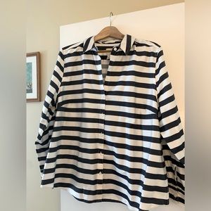 Chico size 3 navy/white striped, long-sleeved, no-iron blouse.